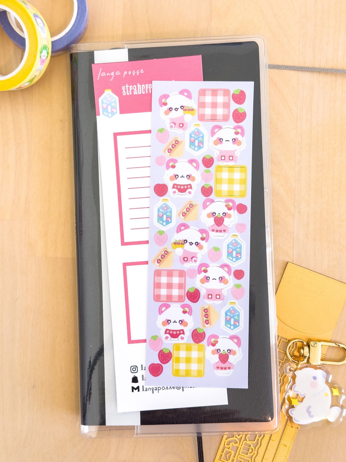 Strawberry Picnic Tanuki: Glitter Deco Sticker Sheet